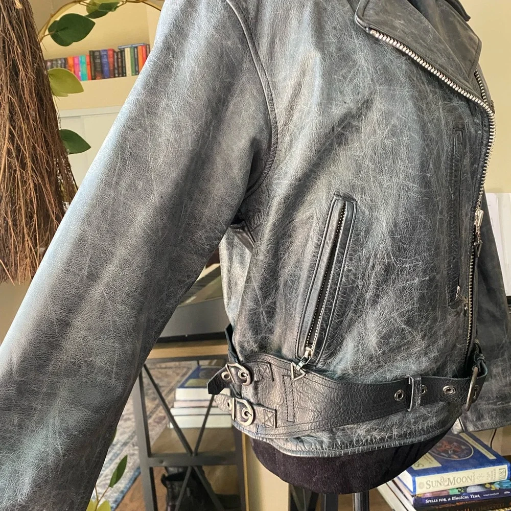Womens distressed Harley Davidson leather moto jacket corset belt grey marled l - Picture 3 of 16